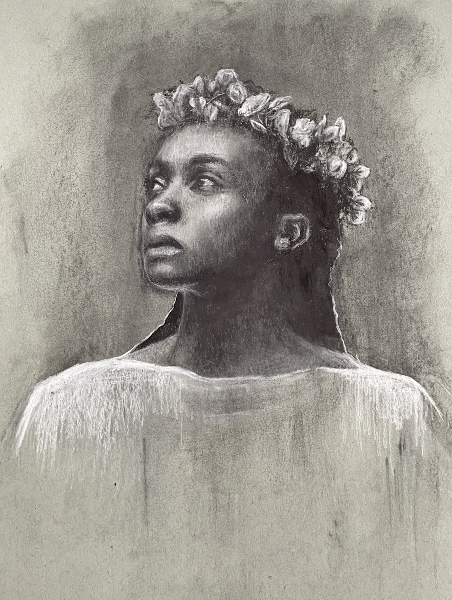 Crowned in Hope: a young woman wearing a flower crown and looking upward, by Madisen Zimmer.