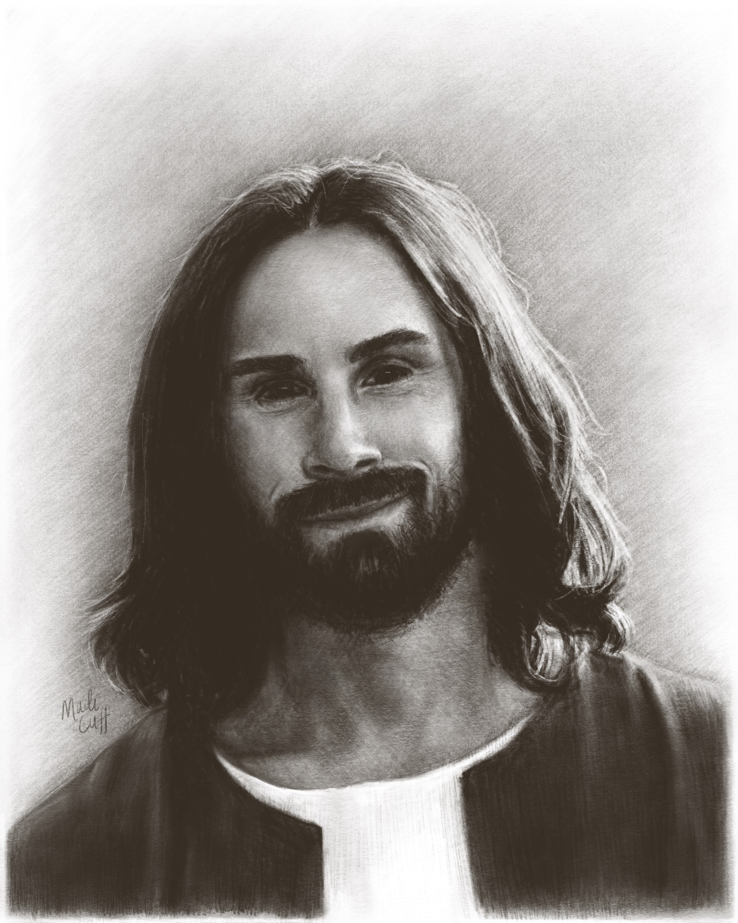 Loved: a black-and-white portrait of Christ looking toward the viewer, by Madisen Zimmer.