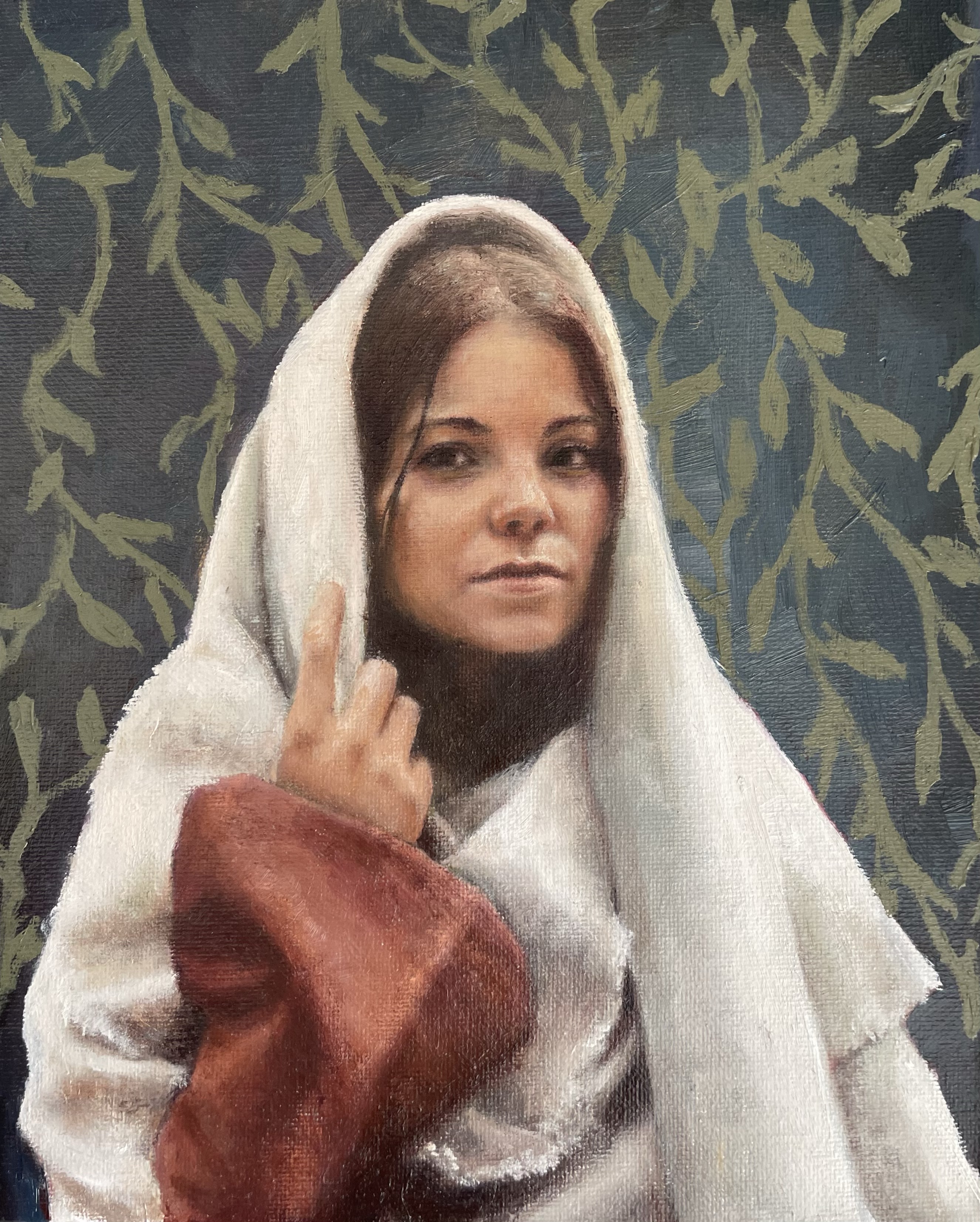 The One Who Was Chosen: Mary in a cream head covering and red clothing, by Madisen Zimmer.